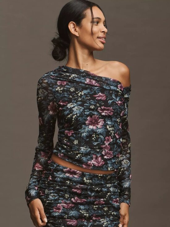 Anthropologie Tops - Anthropologie Mesh Long-Sleeve Asymmetric Top, Black Pattern, L